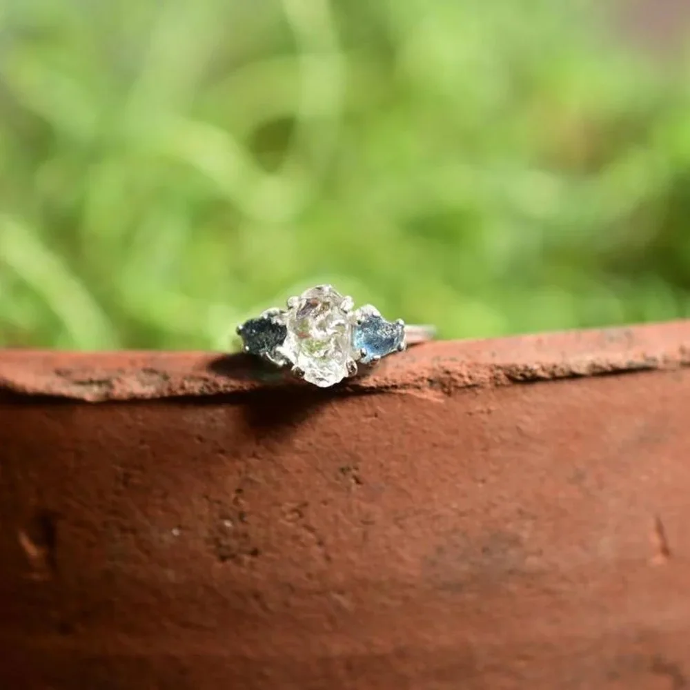 Raw Sapphire and lake county diamond ring silver